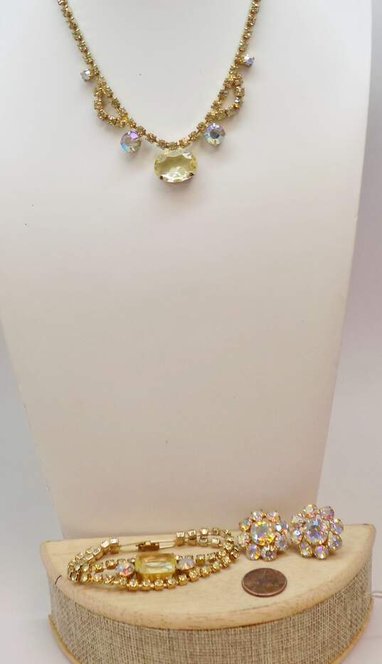 Vintage Icy Rhinestone & Aurora Borealis Rhinestone Gold Tone Necklace Bracelet & Clip On Earrings 42.2g image number 2