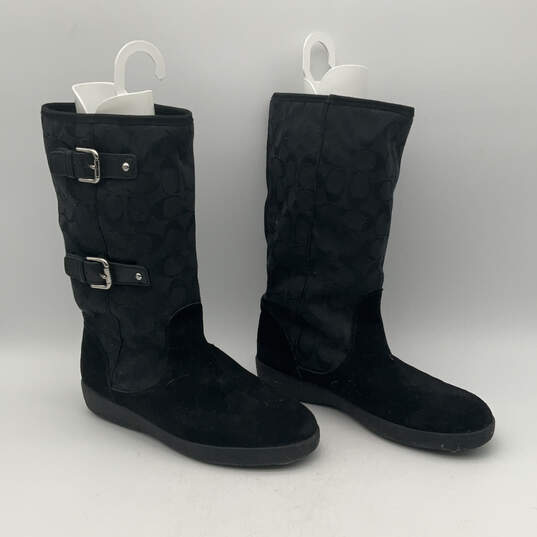 Womens Tinah Black Suede Monogram Lined Buckle Mid-Calf Snow Boots Size 9.5 image number 1