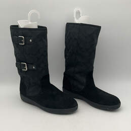 Womens Tinah Black Suede Monogram Lined Buckle Mid-Calf Snow Boots Size 9.5