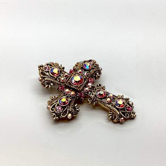Designer Kirks Folly Gold-Tone Crystal Rhinestone Cross Pendant Brooch Pin image number 3