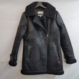 Guess black faux shearling midi moto jacket M