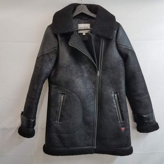 Guess black faux shearling midi moto jacket M image number 1