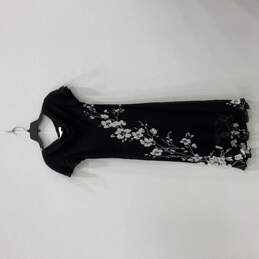 Womens Black White Floral Short Sleeve V-Neck Stretch Long Maxi Dress Sz 6
