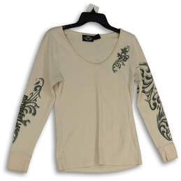 Womens Tan Printed Scoop Neck Long Sleeve Pullover T-Shirt Size Large
