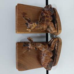 2pc Set of Hand Carved Giraffe Wooden Book Ends