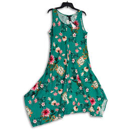 NWT Womens Green Floral Round Neck Sleeveless A-Line Dress Size Large