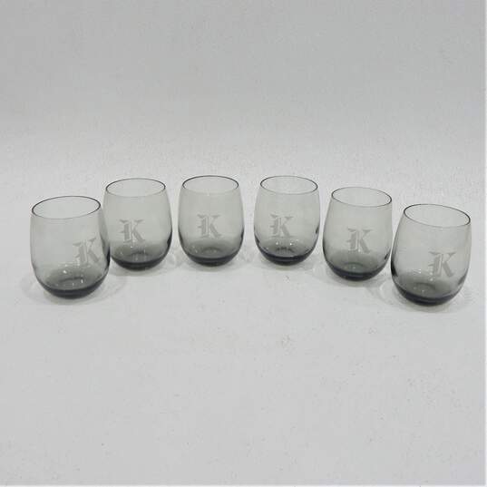 Vintage MCM Smoky Gray Glass Etched K Monogram Stemless Wine Glasses Set of 6 image number 1