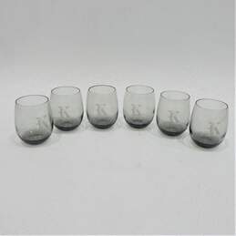 Vintage MCM Smoky Gray Glass Etched K Monogram Stemless Wine Glasses Set of 6
