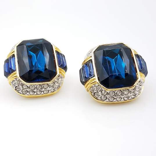 Toplin Weinberg Signed | Vintage Gold Tone Blue White Rhinestone Earrings Clip On 1in image number 1