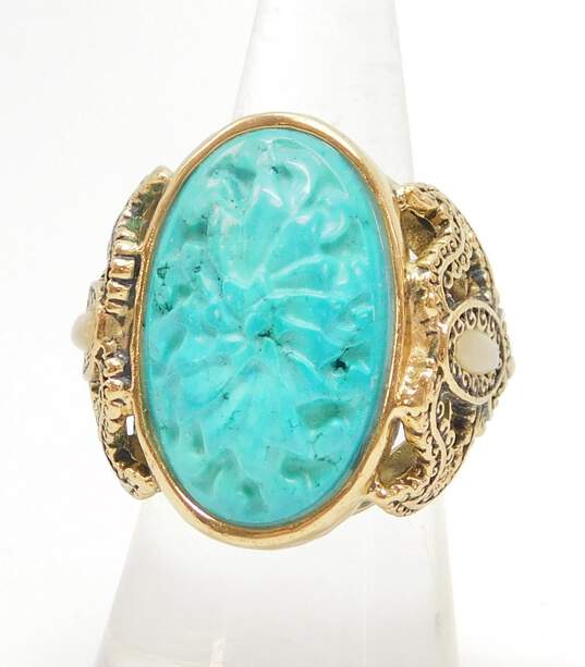 Barse Brass Carved Faux Turquoise & Shell Cabochons Scrolled Chunky Ring 15.1g image number 1