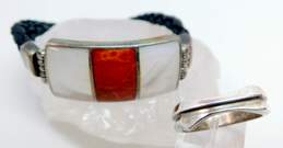 Artisan 925 Coral & Mother of Pearl Inlay Rectangle Charm Double Braided Cord Bracelet & Modernist Band Ring 32g