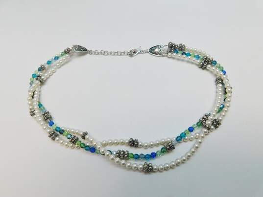 Romantic 925 Brown Cats Eye Crystals & Faux Pearls & Green & Blue & Granulared Beaded Multi Strand Necklaces 86.5g image number 3