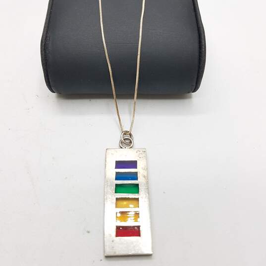 RF Sterling Silver BAR With Rainbow Glass Panels Pendant 25.5" Necklace 23.1g image number 3