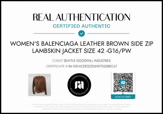 Balenciaga Brown Leather Side Zip Lambskin Biker Jacket Women's Size 42 - AUTHENTICATED image number 2