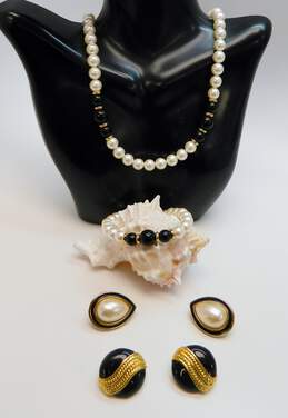 Vintage Napier Goldtone Faux Pearl & Onyx Ball Beaded Necklace Matching Bracelet & Black Enamel Rope Circle Clip & Teardrop Post Earrings 62.5g
