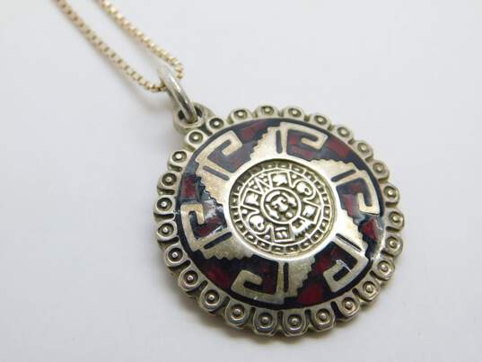 Taxco Sterling Silver Aztec Calendar Pendant Necklace Abstract Hoop Earrings & Wavy Bracelet 32.9g image number 3