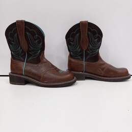Ariat Western Style Pull On Brown Boots w/Teal Embroidery Size 9 alternative image