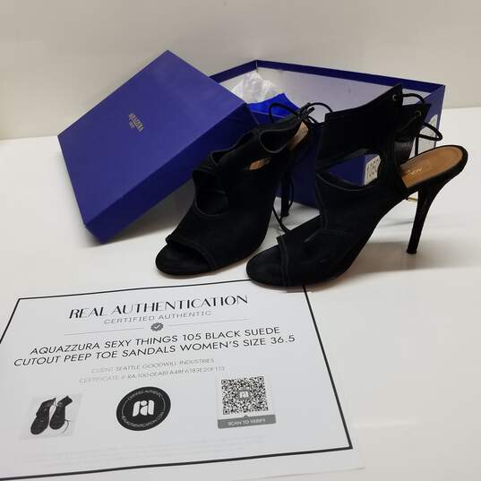 AUTHENTICATED Aquazzura Sexy Thing 105 Black Suede Cutout Peep Toe Sandals Size 36.5 image number 1