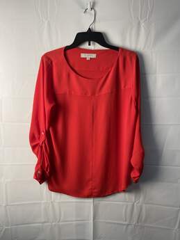 Loft Womens Red Crew Neck Tab Sleeve Blouse Size M