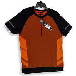 NWT Mens Black Orange Striped Short Sleeve Quarter Zip Knit T-Shirt Size XL