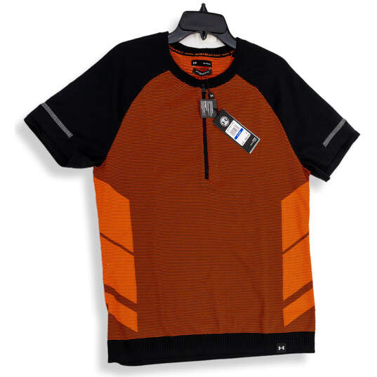 NWT Mens Black Orange Striped Short Sleeve Quarter Zip Knit T-Shirt Size XL image number 1