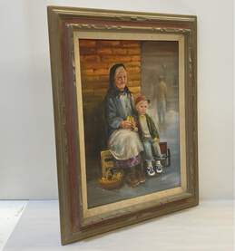 Old Woman and Child with Flower Basket Oil on canvas by Dianne Denegal Signed alternative image