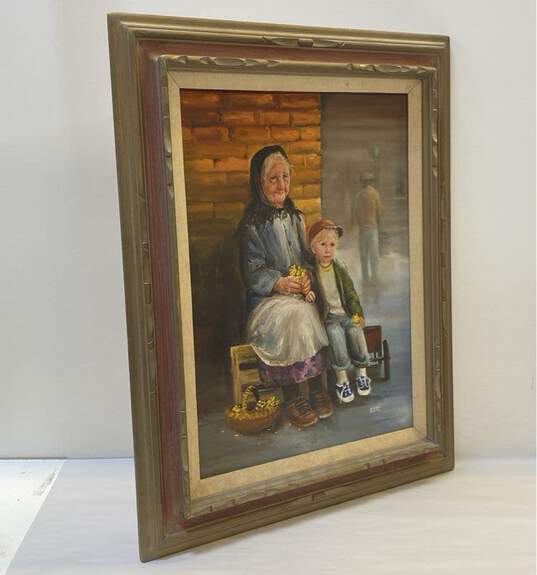 Old Woman and Child with Flower Basket Oil on canvas by Dianne Denegal Signed image number 2