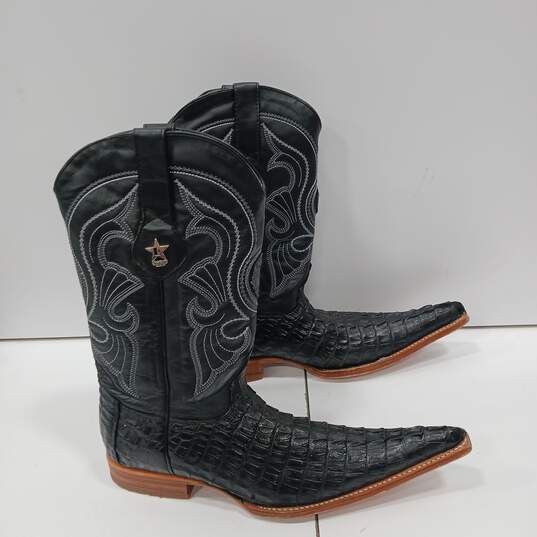 Los Altos Boots Black Leather Faux Crocodile Caiman Cowboy Western Pointed Toe Boots Size 9 (Heel to toe 14.5") image number 4