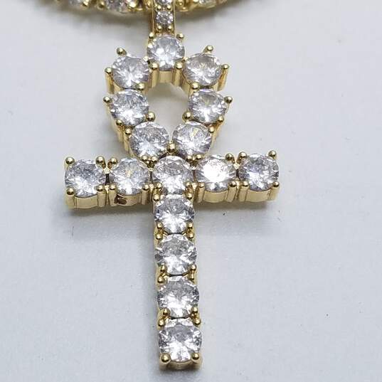 Iced Out Gold Tone 24 inch Crystal SS Chain W/Crystal Set Ankh Pendant Necklace image number 4