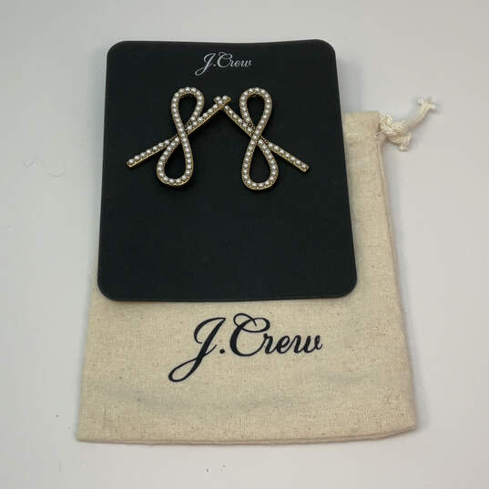 Designer J. Crew Gold-Tone Pearl Bow Stud Earrings w/ Dust Bag image number 1