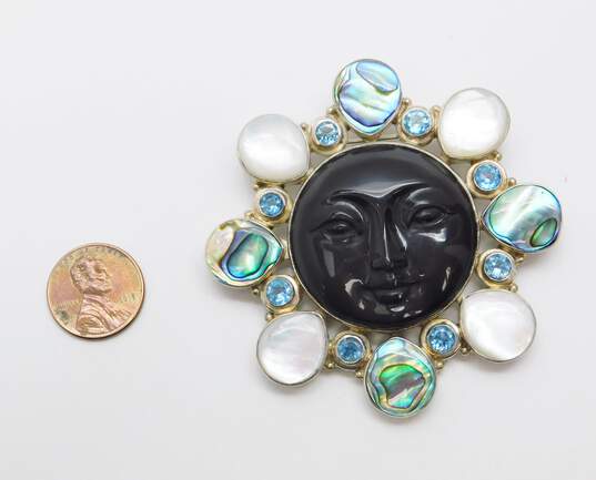 Sajen 925 Goddess Face Carved Purple Sheen Obsidian Faceted Topaz & Mother of Pearl & Abalone Shell Cluster Statement Pendant Brooch 57.4g image number 4