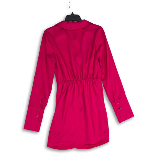 NWT Womens Hot Pink Satin Collared Cuff Detail Long Sleeve Wrap Dress Sz 2 image number 2