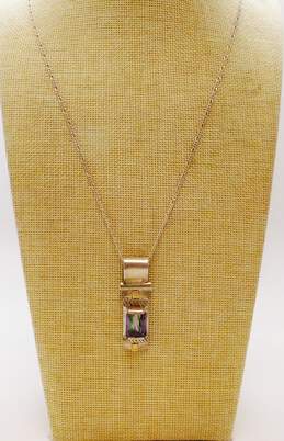 Bijou Sterling 925 & 14K Gold Accent Mystic Topaz Squares Rope & Brushed Rectangle Modernist Pendant Figaro Chain Necklace 16g