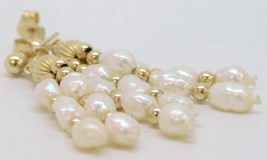 Romantic 14k Yellow Gold Bead & Freshwater Pearl Drop Earrings 2.1g image number 4