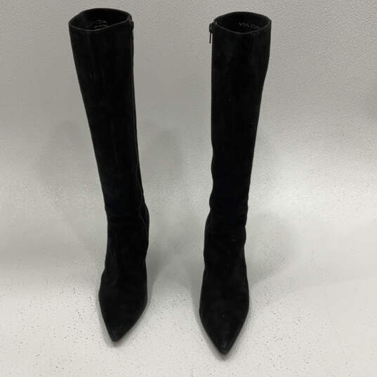 Womens Black Leather Pointed Toe Side Zip Stiletto Knee High Boot Size 9.5M image number 1