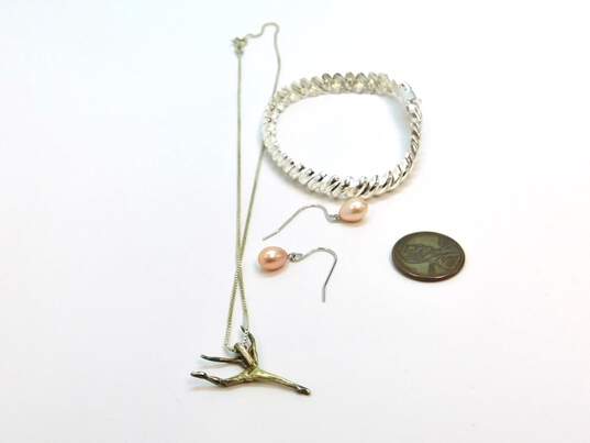Romantic 925 Figural Dancer Pendant Necklace Pink Pearl Drop Earrings & San Marco Chain Bracelet 21.7g image number 3