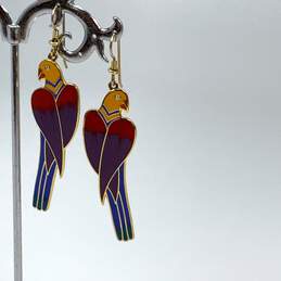 Designer Laurel Burch Gold-Tone Cezanne Bird Parrot Large Enamel Dangle Earrings