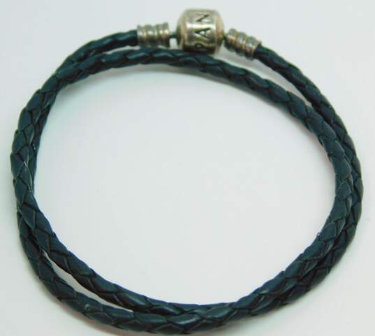 Pandora 925 Sterling Silver Black Braided Leather Wrap Charm Bracelet 5.5g image number 4