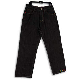 Mens Black Denim Dark Wash Embroidered Straight Leg Jeans Size W36