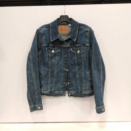 Girls Blue Button Collared Flap Pockets Long Sleeve Denim Jean Jacket Size XL image number 1