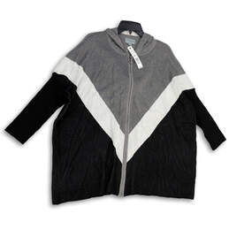 NWT Womens Gray Black Chevron Dolman Sleeve Hooded Full-Zip Sweater Size 1X