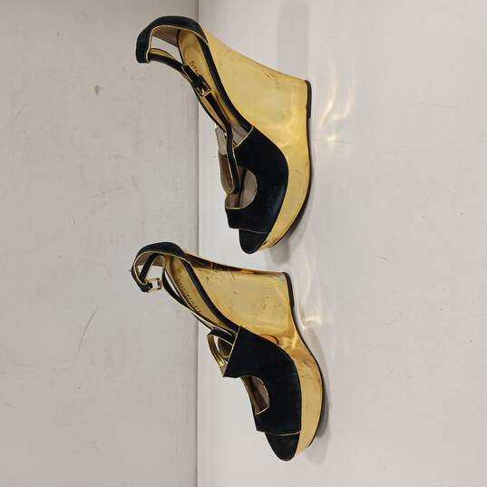 Women's Black Suede & Gold Wedge Platform Heels Size 8.5M image number 2