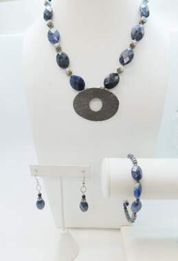 Artisan Sterling Silver Sodalite & Pearl Necklace Bracelet & Dangle Earrings 65.6g