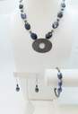 Artisan Sterling Silver Sodalite & Pearl Necklace Bracelet & Dangle Earrings 65.6g image number 1