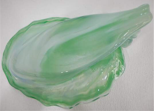 Vintage Green Hand Blown Art Glass Bowl Spiral Handle image number 3