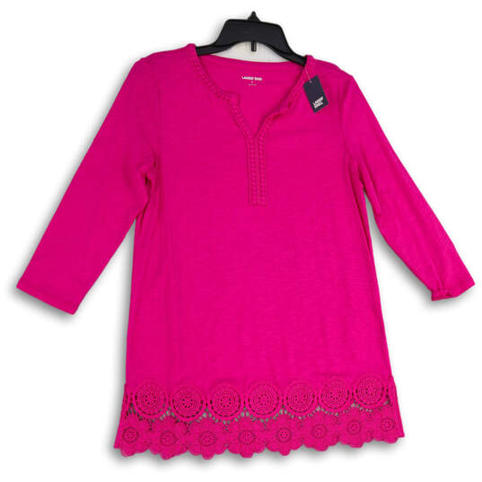 NWT Womens Pink Lace Split Neck Long Sleeve Pullover Tunic Blouse Top Sz S image number 1