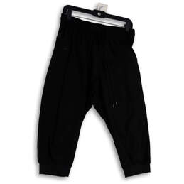 Womens Black Elastic Waist Zip Pocket Drawstring Jogger Pants Size Medium