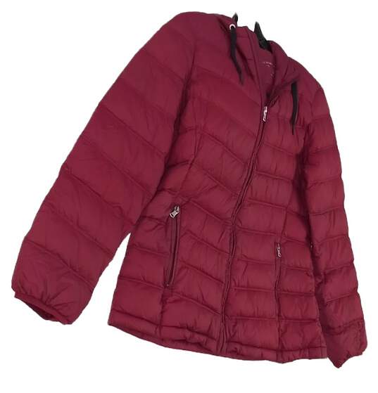 Womens Burgundy Long Sleeve Pockets Hooded Puffer Jacket Size M image number 2