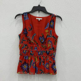 Womens Red Floral Sleeveless Surplice Neck Pullover Tank Top Size XXS