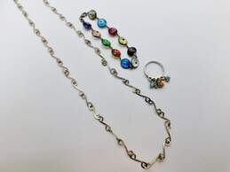 Artisan 925 Unique Scrolled Chain Necklace Colorful Cats Eye Charms Band Ring & Glass Evil Eye Linked Bracelet 23.1g